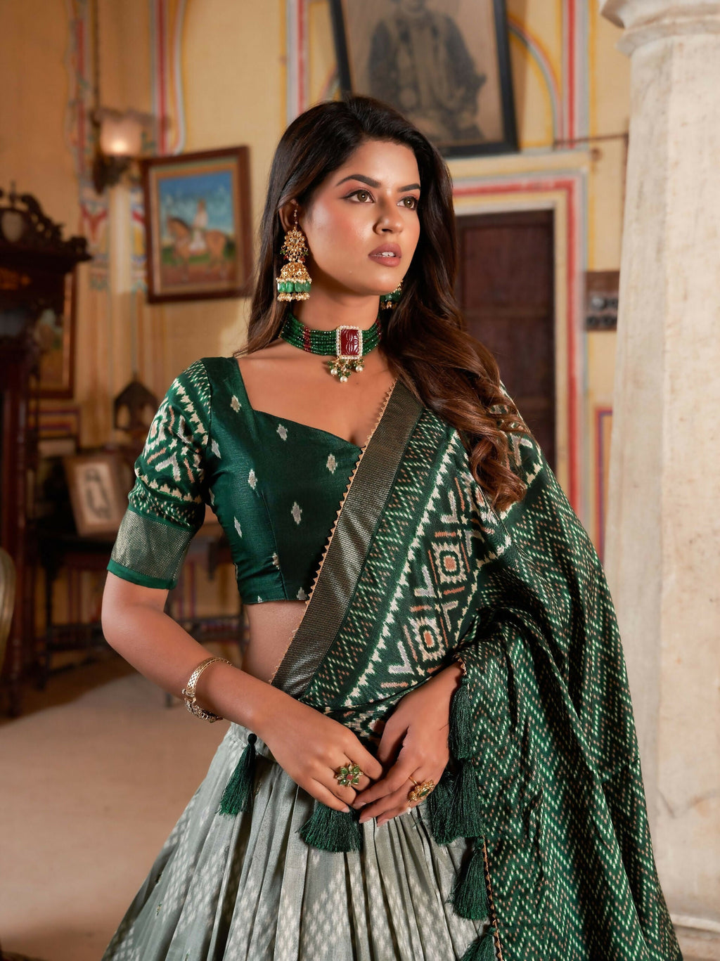 Vastranavya Occasionaly Tussar Silk Dot And Ikkat Print With Foil Work Lehenga Choli - Green | Grocsy