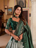 Vastranavya Occasionaly Tussar Silk Dot And Ikkat Print With Foil Work Lehenga Choli - Green | Grocsy