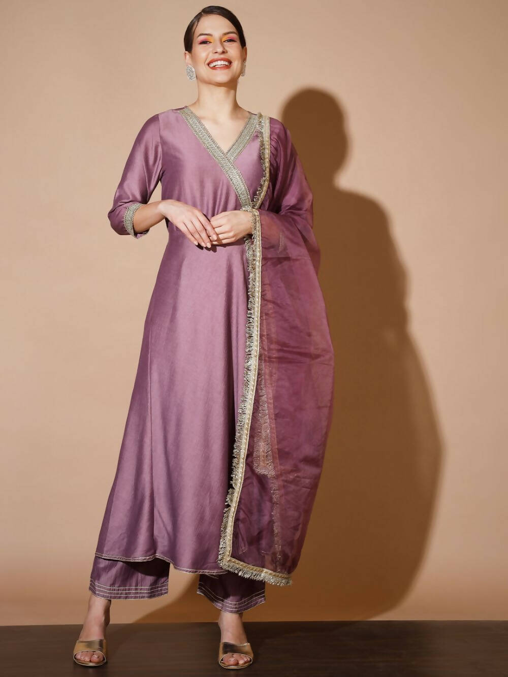 Myshka Women Mauve Solid Kurta & Palazzos With Dupatta | Grocsy
