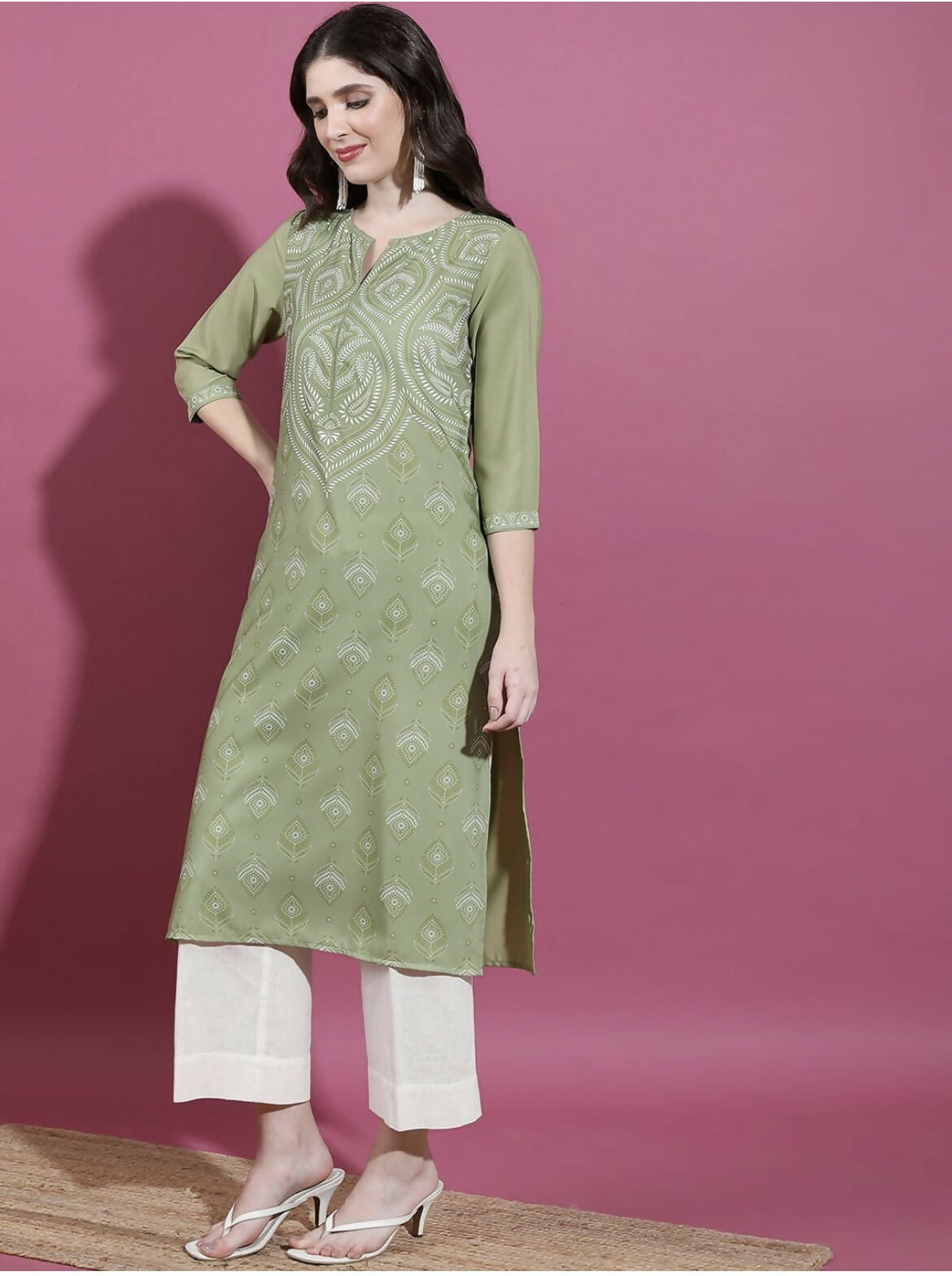 Cheera Women Stylish Hand Block Printed Cotton Blend Flared Kurta - Olive Green | Grocsy