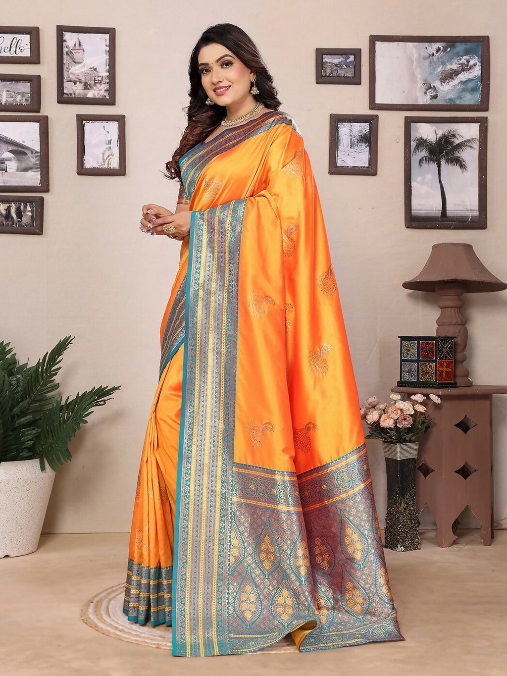 Joban Fashion Banarasi Orange Small Butti Soft Silk Saree | Grocsy