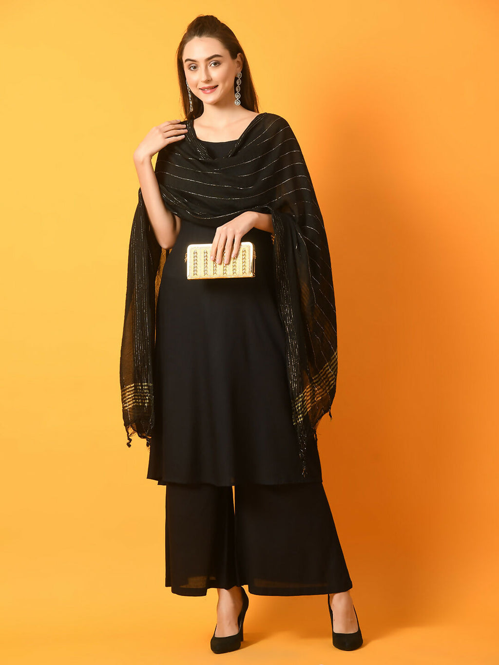 Myshka Women's Black Solid Anarkali Party Kurta Set With Dupatta | Grocsy