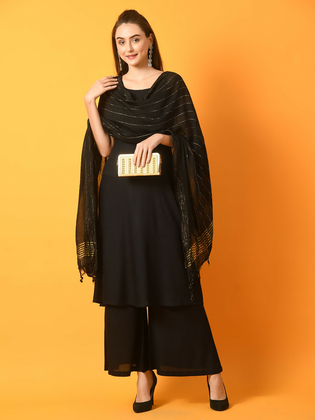 Myshka Women's Black Solid Anarkali Party Kurta Set With Dupatta | Grocsy