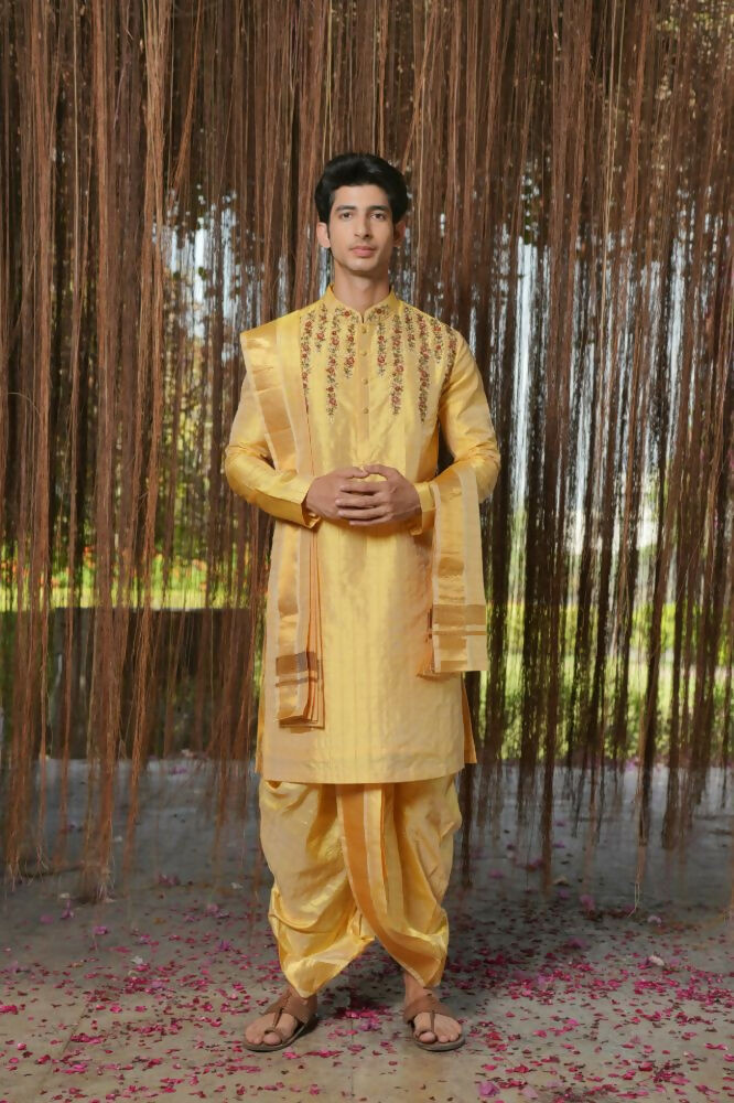 Gold Machine Kanjivaram Embroidered Pattu Set by Hilo Design | Grocsy