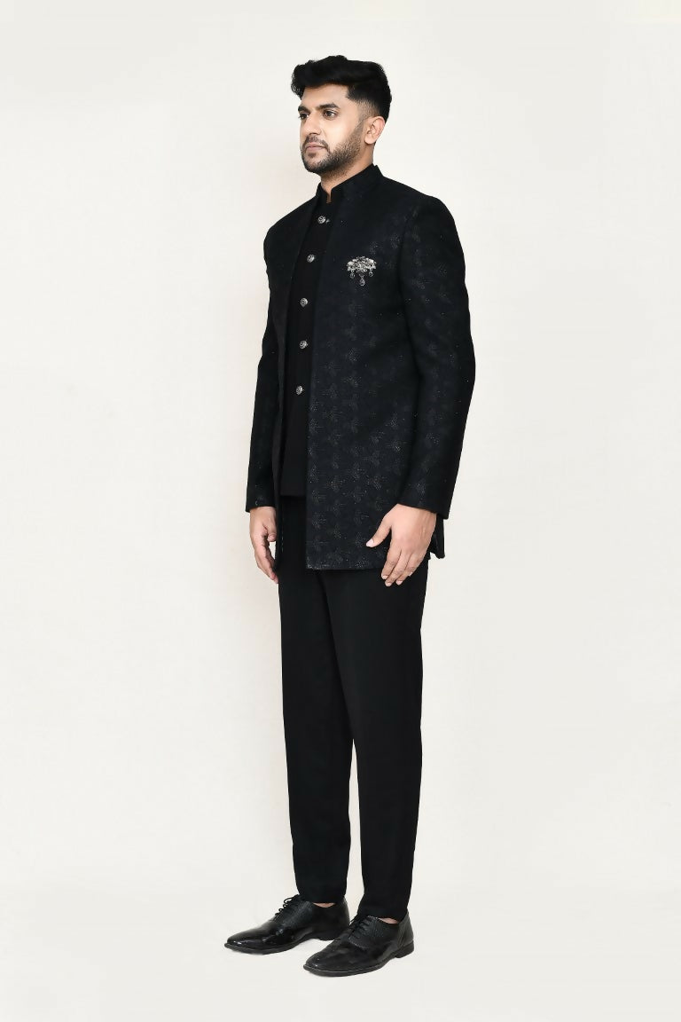 Joban Fashion Black Colored Imported Jacquard Fabric Open Prince Coat, Jacket With Pant | Grocsy
