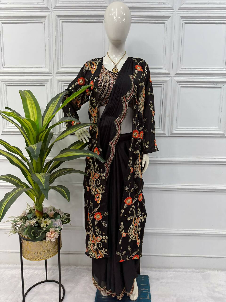 Teeya Creation Black Color Chinon Silk Designer Embroidery Work Ready To Wear Saree With Koti | Grocsy