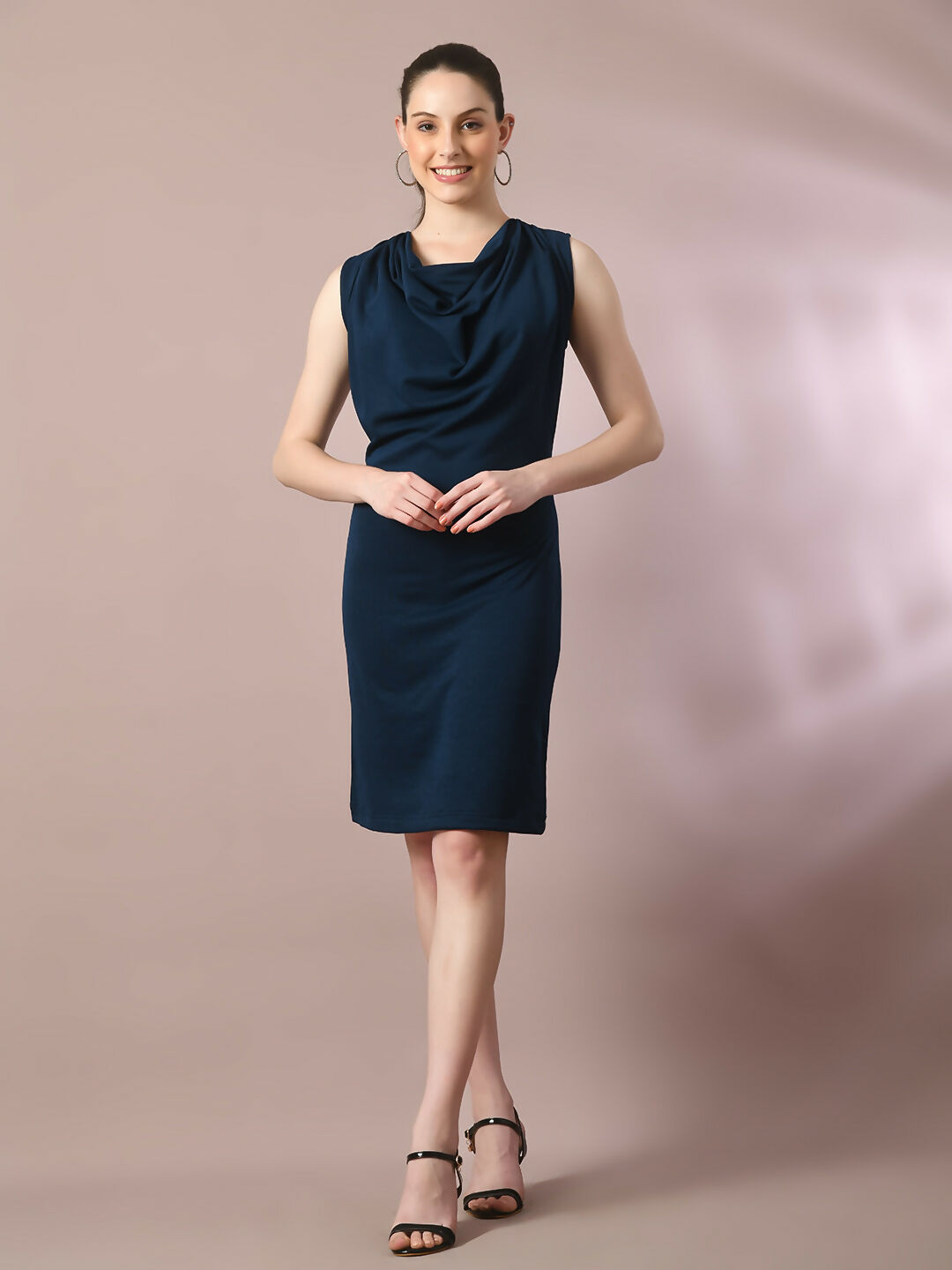 Myshka Women's Navy Blue Solid Cowl Neck Bodycon Party Dress | Grocsy