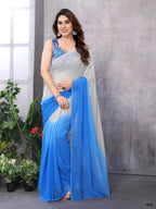 Partywear Designer White & Sky blue Georgette Fancy Saree - Satrangi | Grocsy