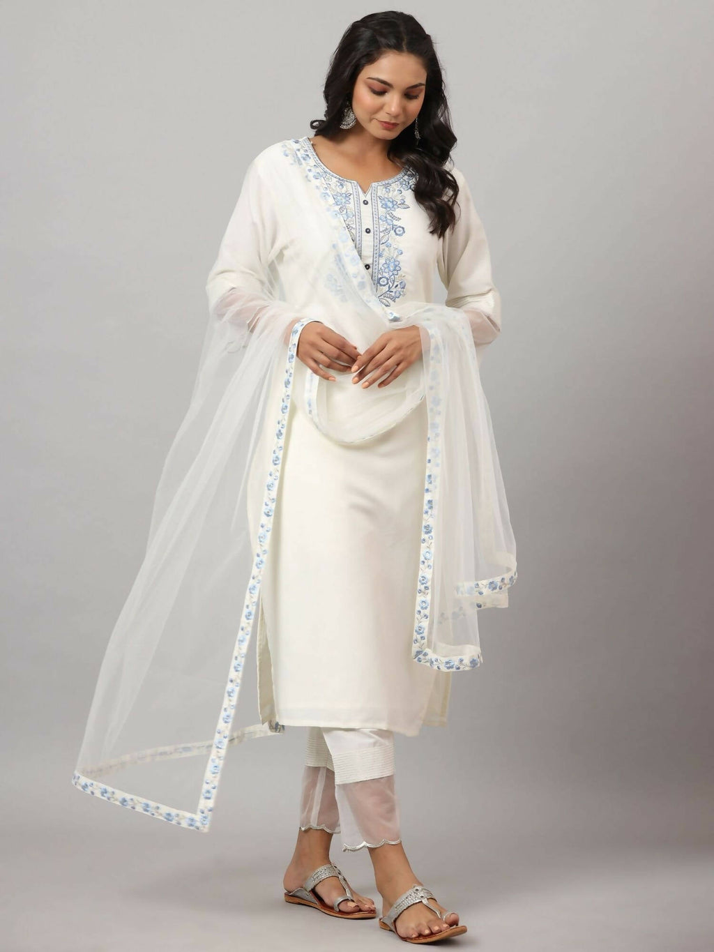Juniper Women's White Chinnon Solid Embroidered Kurta Set | Grocsy
