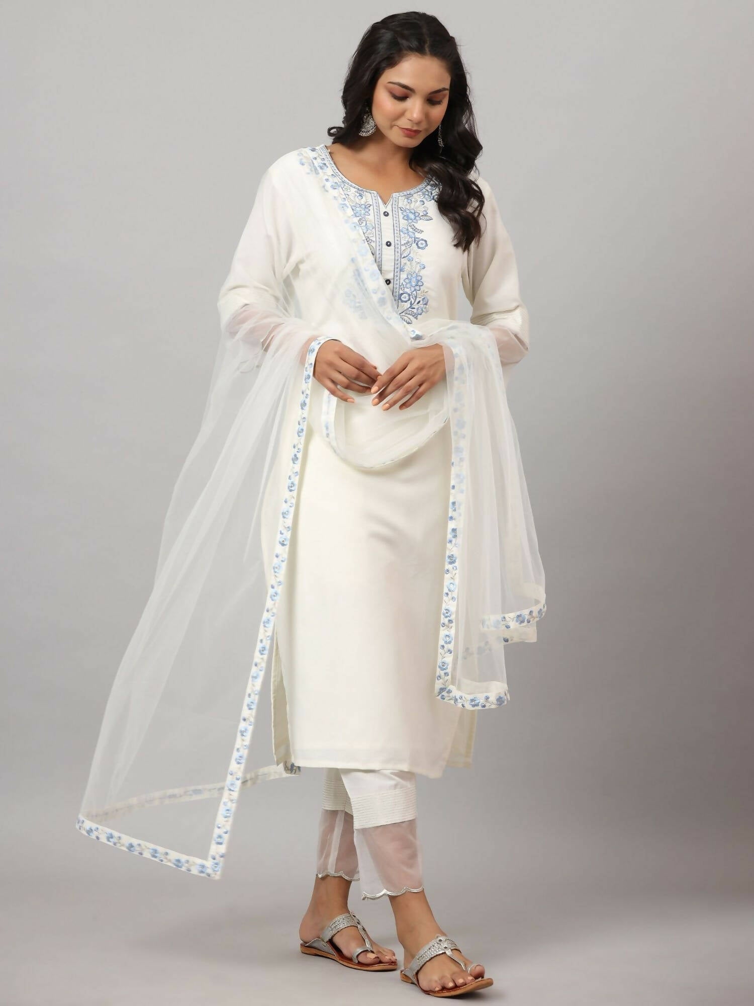 Juniper Women's White Chinnon Solid Embroidered Kurta Set | Grocsy