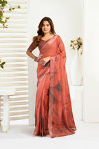 Vastranavya Brown Digital Printed Linen Ready To Wear Designer Saree with Unstitched Blouse | Grocsy