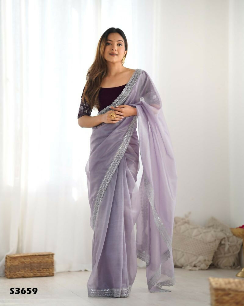 Attrctive Looking Gold Jari, Sequance Embroidery Work Twill Net Party Wear Saree - Lavender | Grocsy
