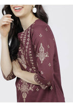 Cheera Embellished Daily Wear Cotton Blend Kurta - Dark Brown | Grocsy