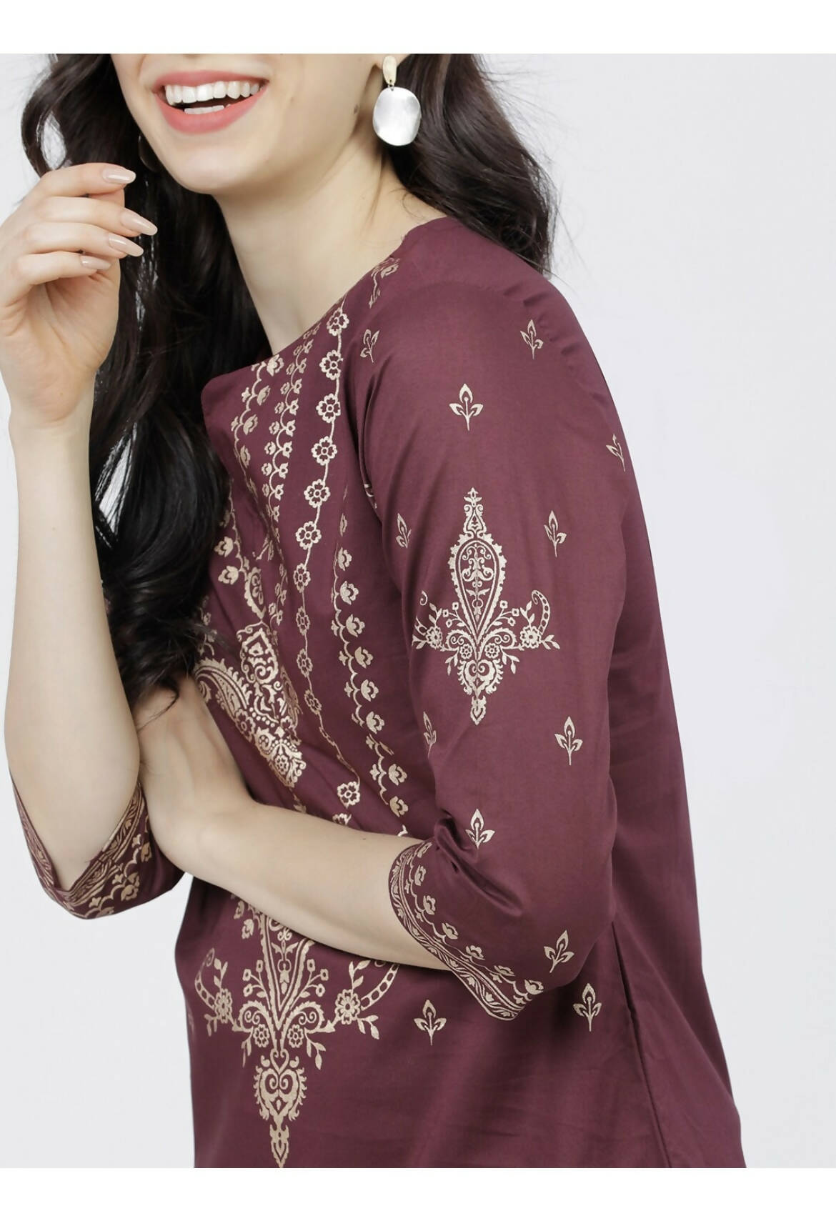 Cheera Embellished Daily Wear Cotton Blend Kurta - Dark Brown | Grocsy