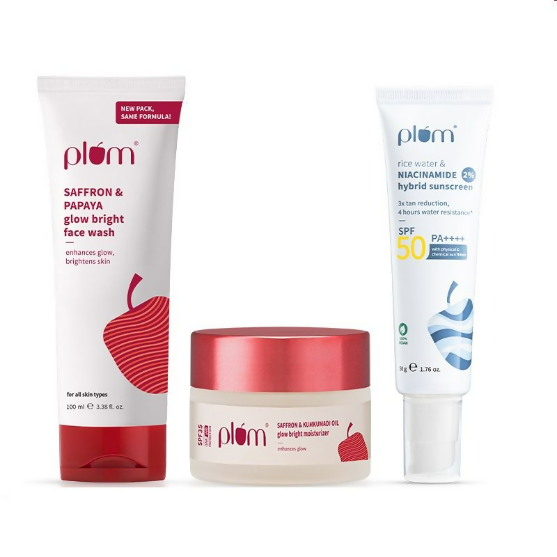 Plum CSM Combo - Saffron Face Wash Saffron Moisturizer & Niacinamide & Rice Water SPF Sunscreen | Grocsy