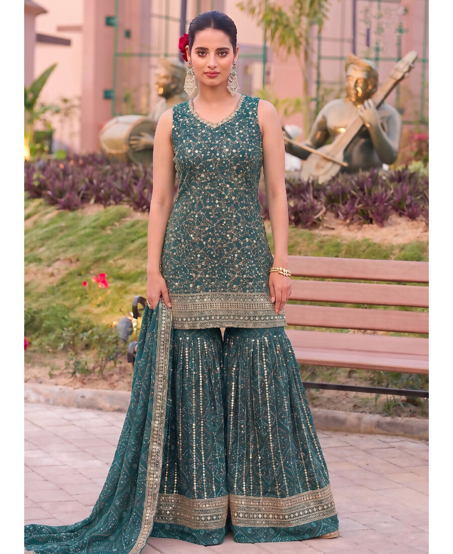 KC Teal Bandhani Printed Heavy Emrboidery Worked Sharara Suit Ethnic Wear | Grocsy