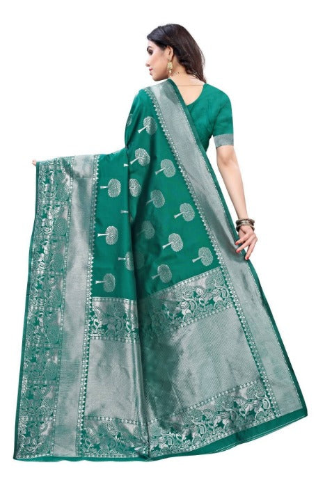 Vamika Banarasi Jacquard Weaving Rama Green Saree (AMEE RAMA) | Grocsy