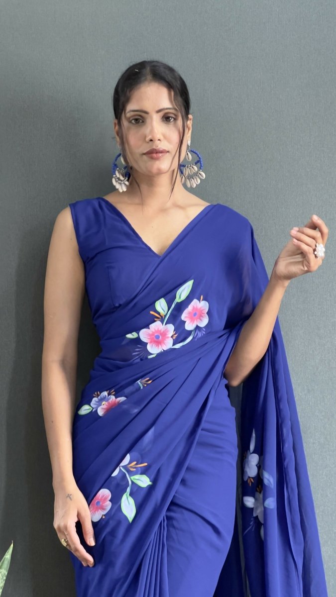 Aayaa Designer 1 min Hand Painted Ready to Wear saree - Navy Blue | Grocsy