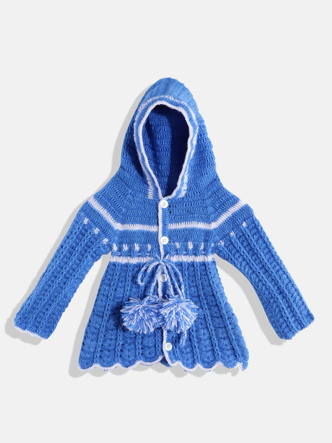 Chutput Kids Woollen Hand Knitted Full Sleeves Self Design Hood Detail Dress For Baby Girls - Blue | Grocsy