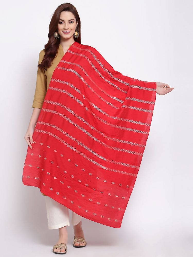 Myshka Women's Red Cotton Silk Printed Casual Dupatta | Grocsy