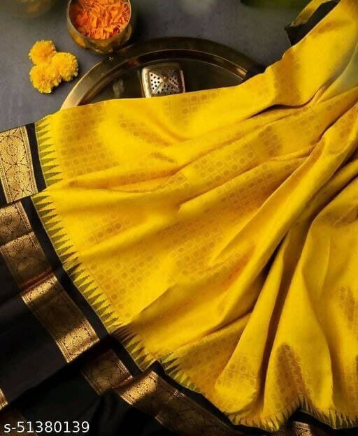 DEIANA'S Beautiful Designer Golden zari Soft Lichi Silk Saree - Yellow | Grocsy