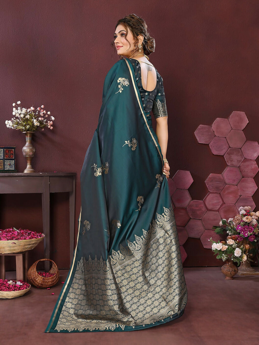 Joban Fashion Teal Floral Banarasi Silk Sarees | Grocsy