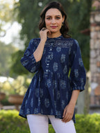 Juniper Women's Indigo Printed Peplum Tunic | Grocsy