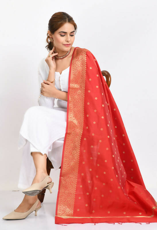 Mominos Fashion Moeza Women's Banarsi Silk Woven Design Red Dupatta | Grocsy
