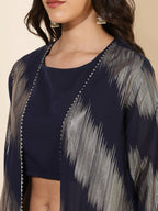 Janasya Women's Dark Blue Crepe Foil Printed Festive Crop Top Set | Grocsy