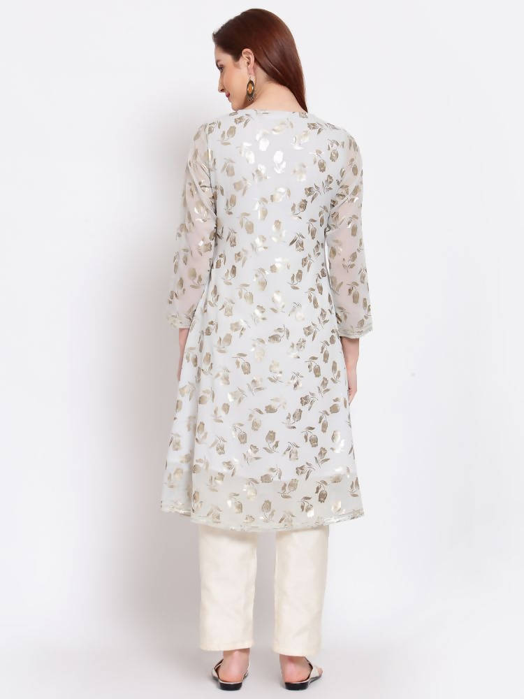 Myshka Women's Grey Printed Georgette 3/4 Sleeve Round Neck Casual Kurta | Grocsy