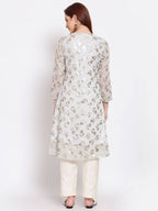 Myshka Women's Grey Printed Georgette 3/4 Sleeve Round Neck Casual Kurta | Grocsy