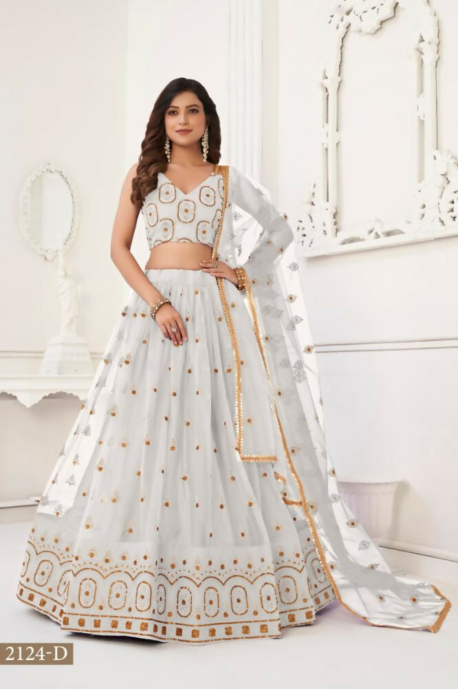 Aastha Fashion Off White Butterfly Net Tone To Tone Thread Work And Sandwich Sequence Work Embroidery Wedding Wear Lehenga Choli | Grocsy