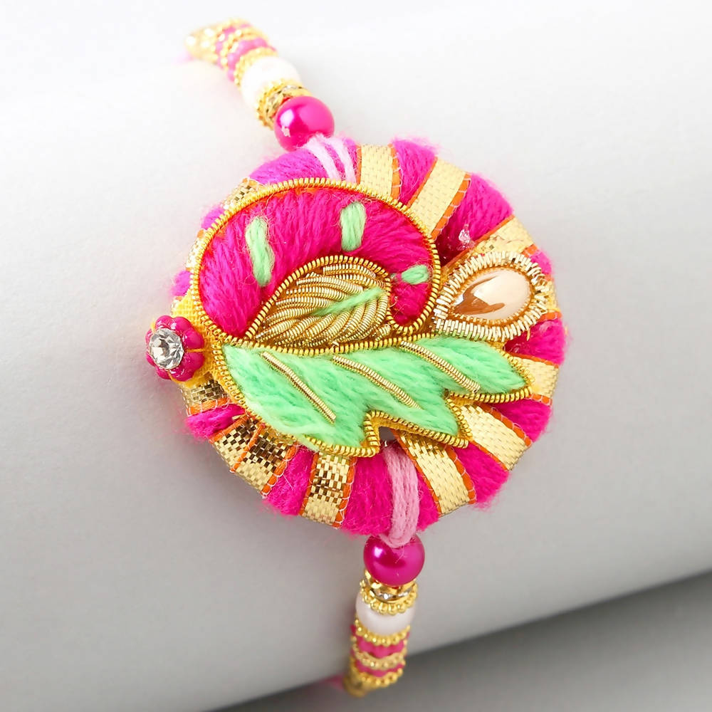 Bright Peacock Zardosi Rakhi & Kaju Katli Box | Grocsy