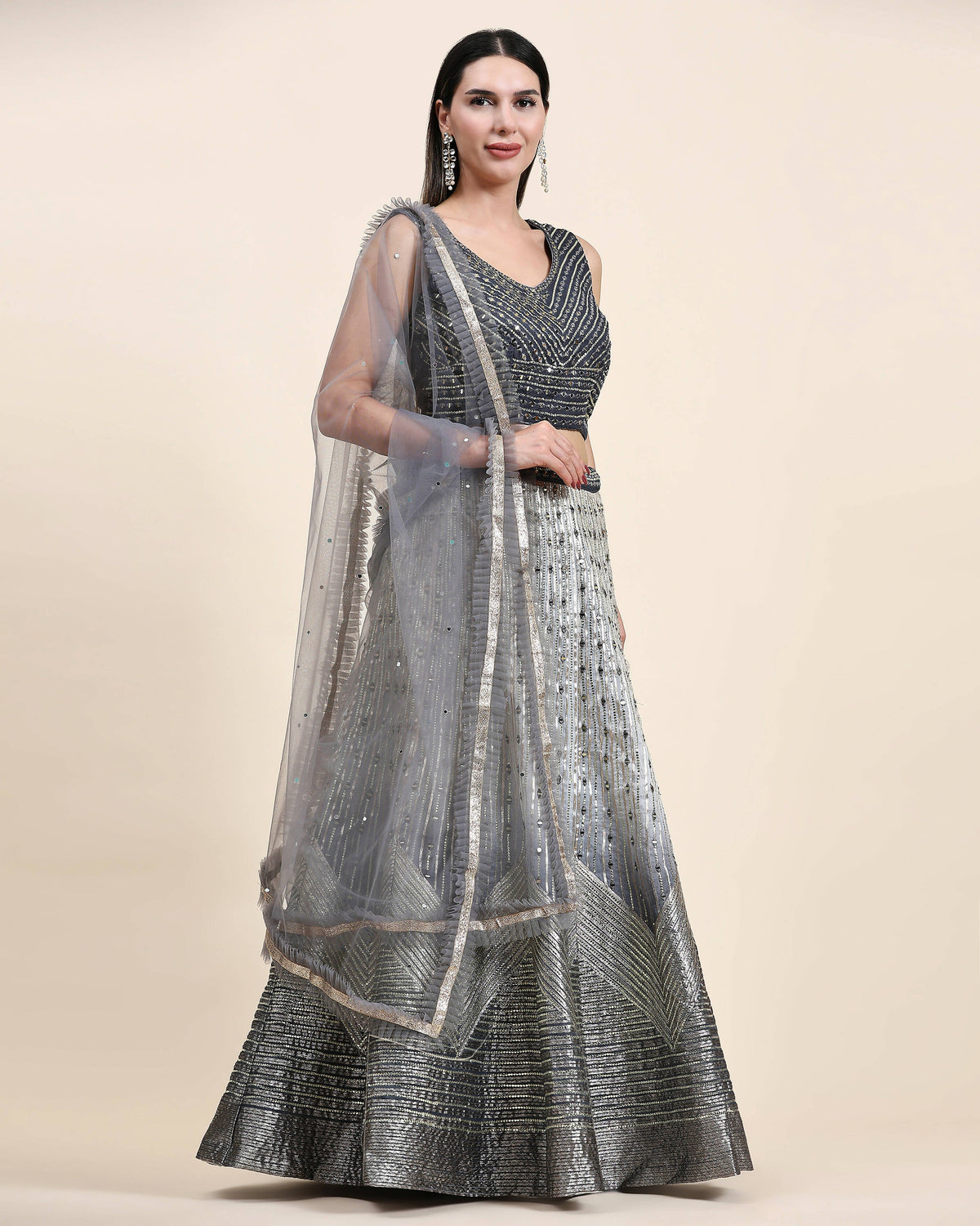 Grey Organza Mirror With Coding Work Lehenga Choli with Dupatta - Tanya | Grocsy