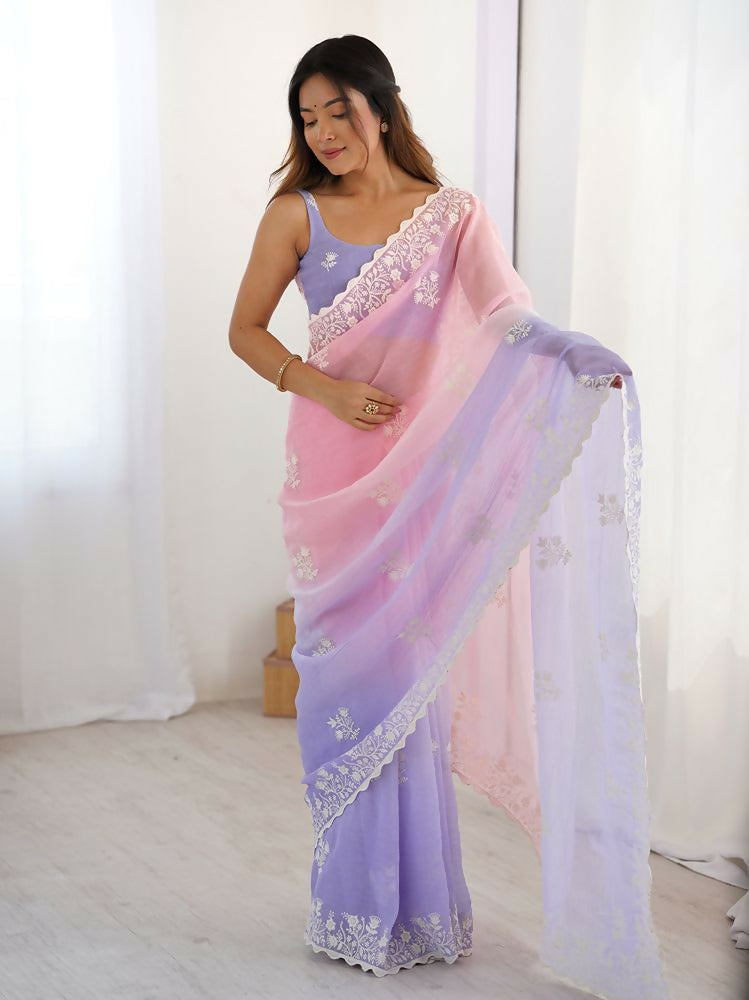 Light Pink Crunchy Silk Embroidery Work Party Wear Saree - Lakshita | Grocsy