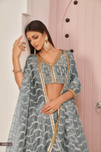 Eilara Mesmerizing Grey Butterfly Net White Cotton Thread Zari Sandwich Sequence Work Lehenga Choli For Wedding | Grocsy