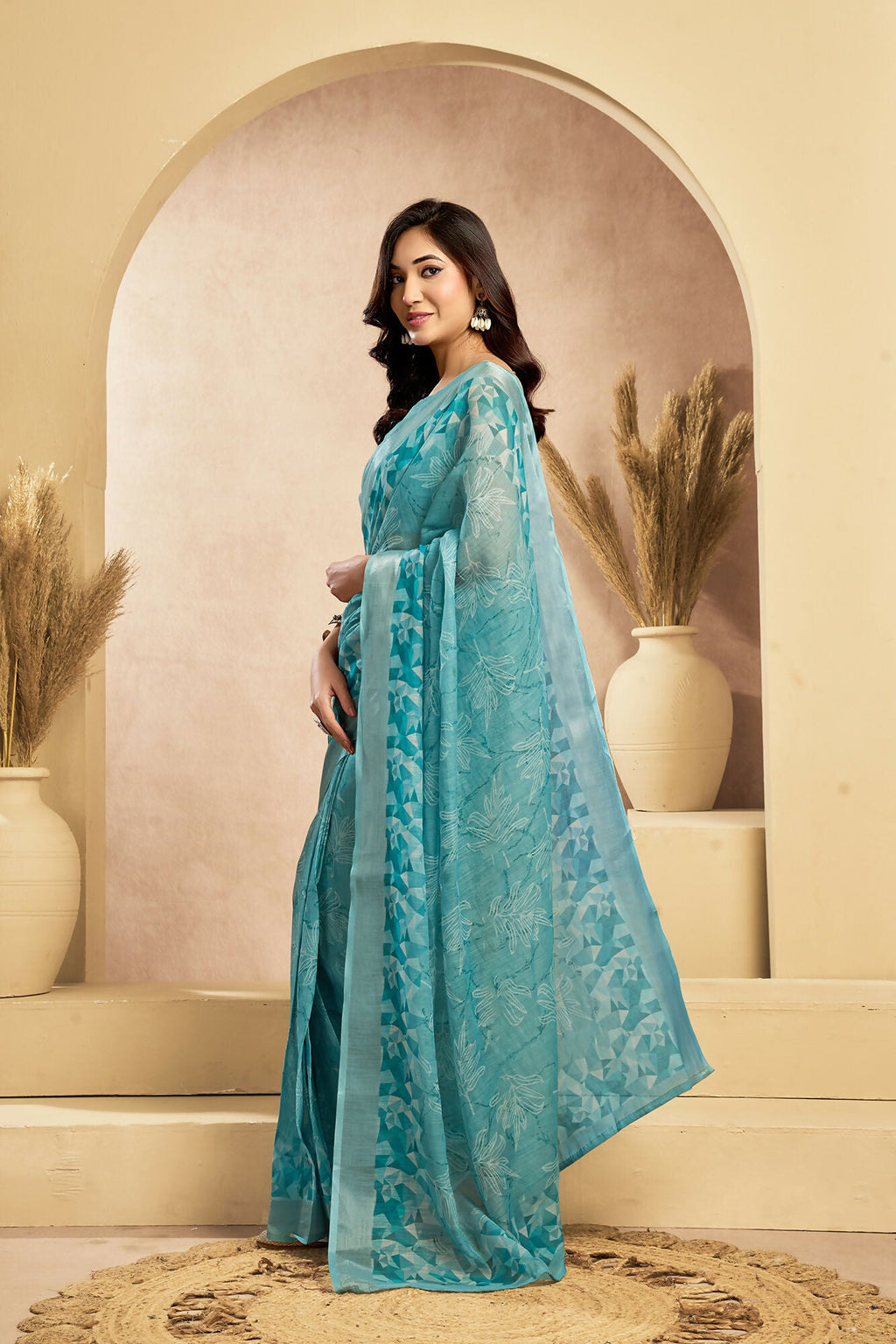 Vastranavya Sky Blue Digital Printed Linen Ready To Wear Designer Saree with Unstitched Blouse | Grocsy