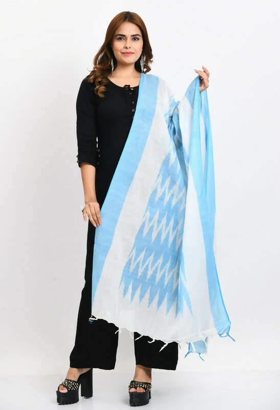 Mominos Fashion Moeza Women's Handloom Cotton Ikkat Sky Blue Dupatta | Grocsy