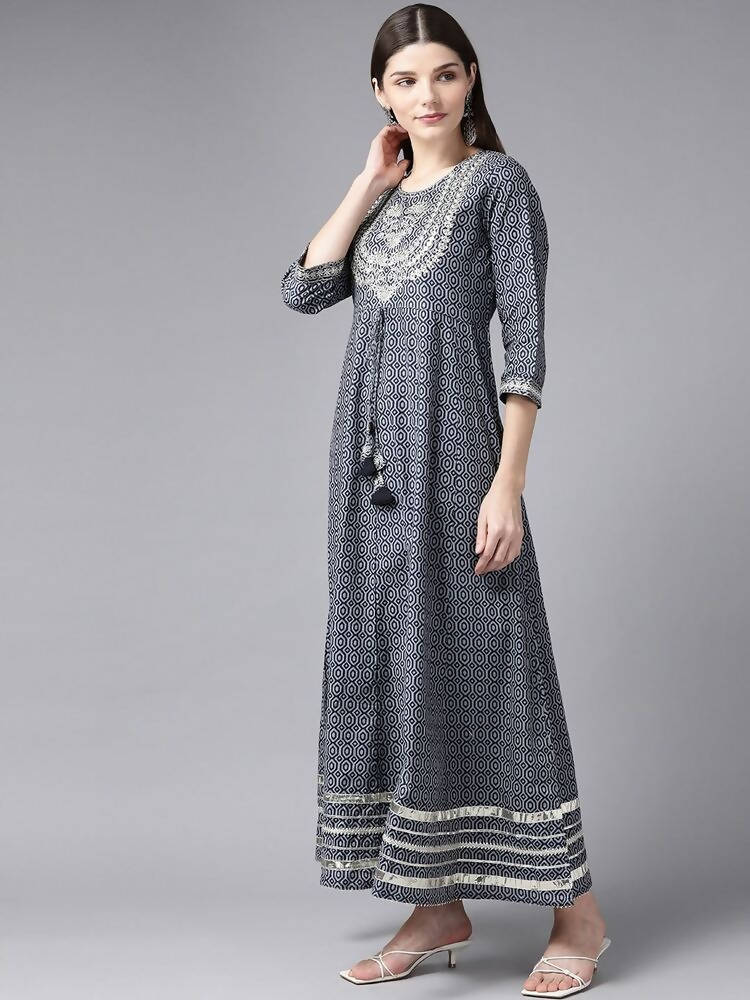 Yufta Women Grey Geometric Printed Mirror Work Kurta | Grocsy