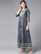 Yufta Women Grey Geometric Printed Mirror Work Kurta | Grocsy