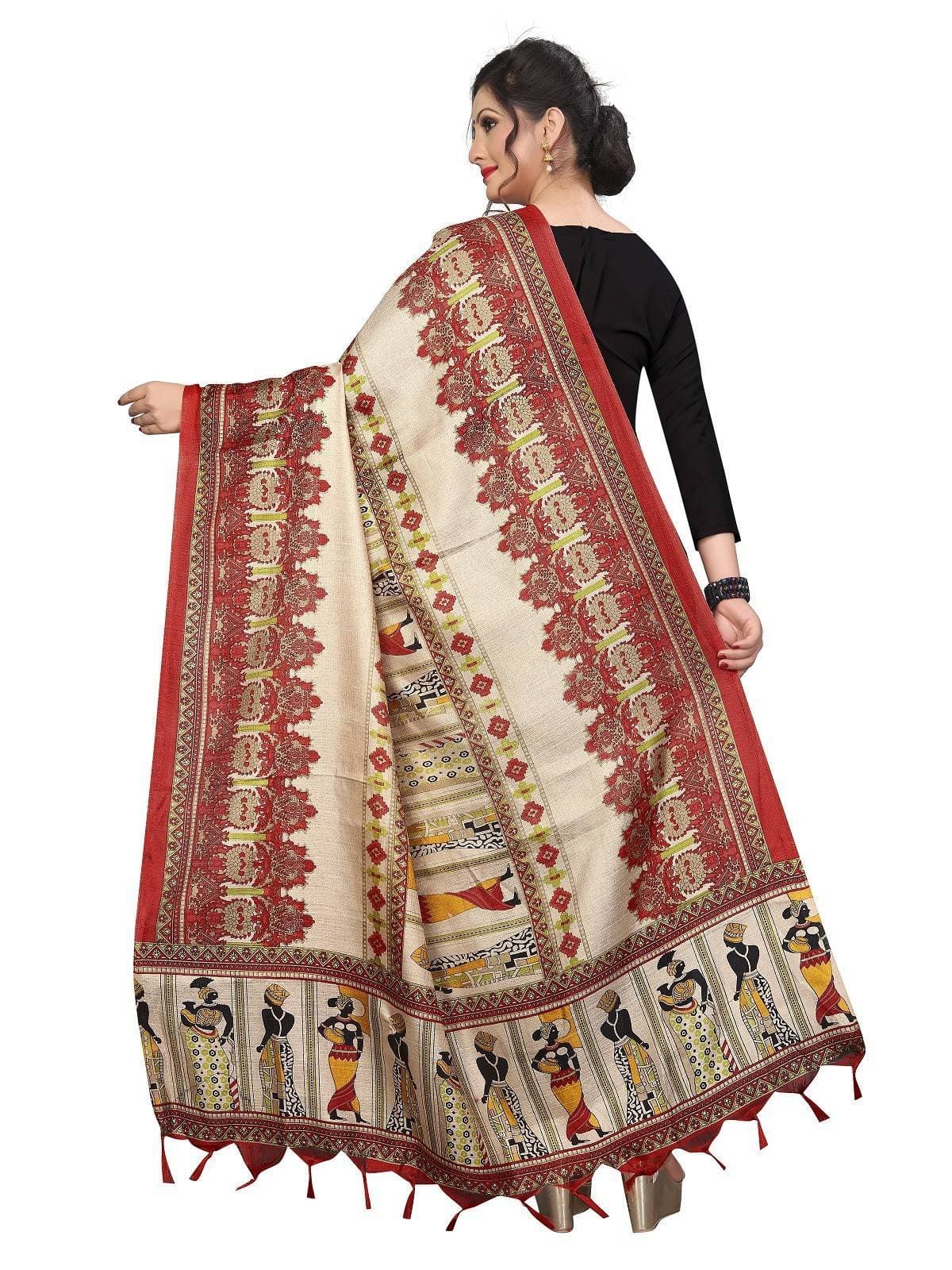 Vamika Latest Multi Colour Red Printed Khadi Bhagalpuri Dupatta | Grocsy