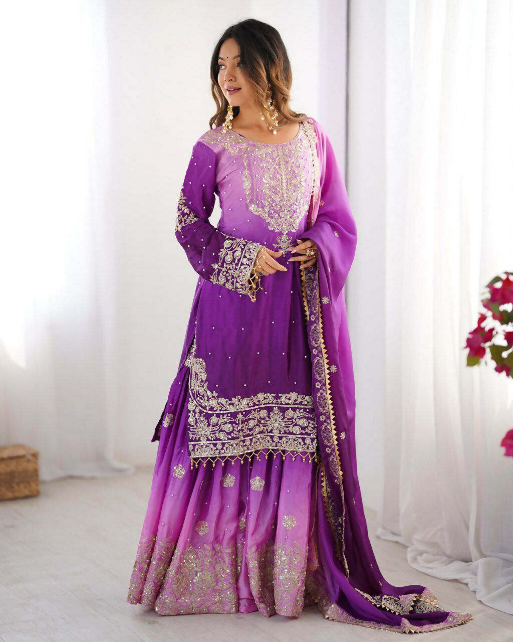 The52 Women's Beautiful Chinon silk Fabric Embroidery Work Straight Kurta Palazzo and Dupatta Set | Grocsy