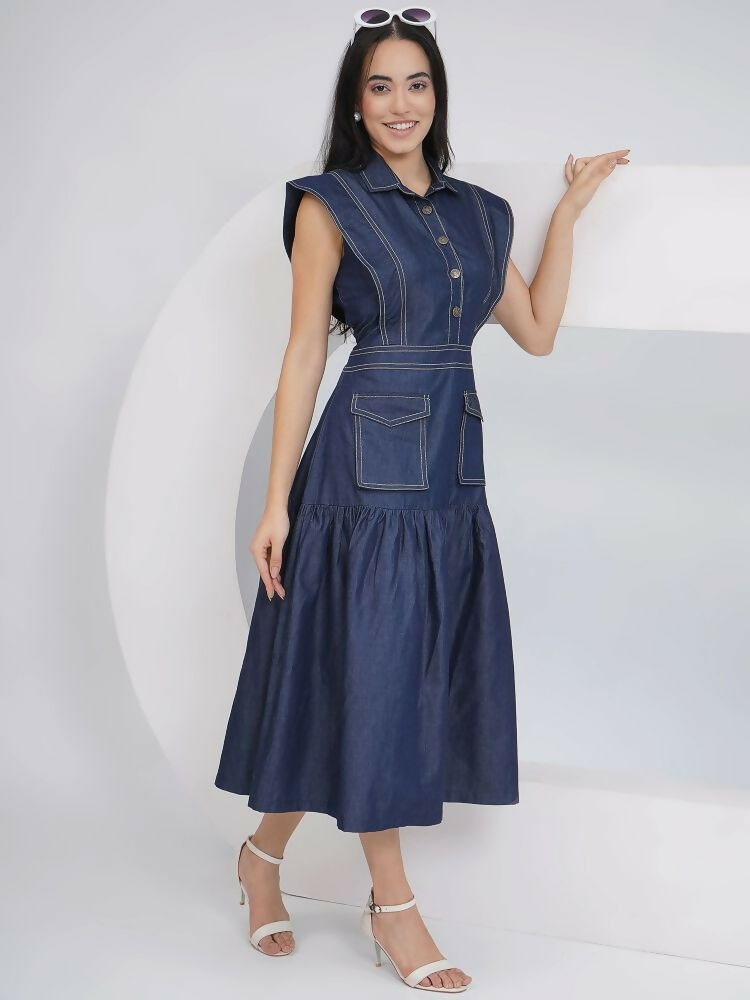 Joban Fashion Blue Denim Midi Dress | Grocsy