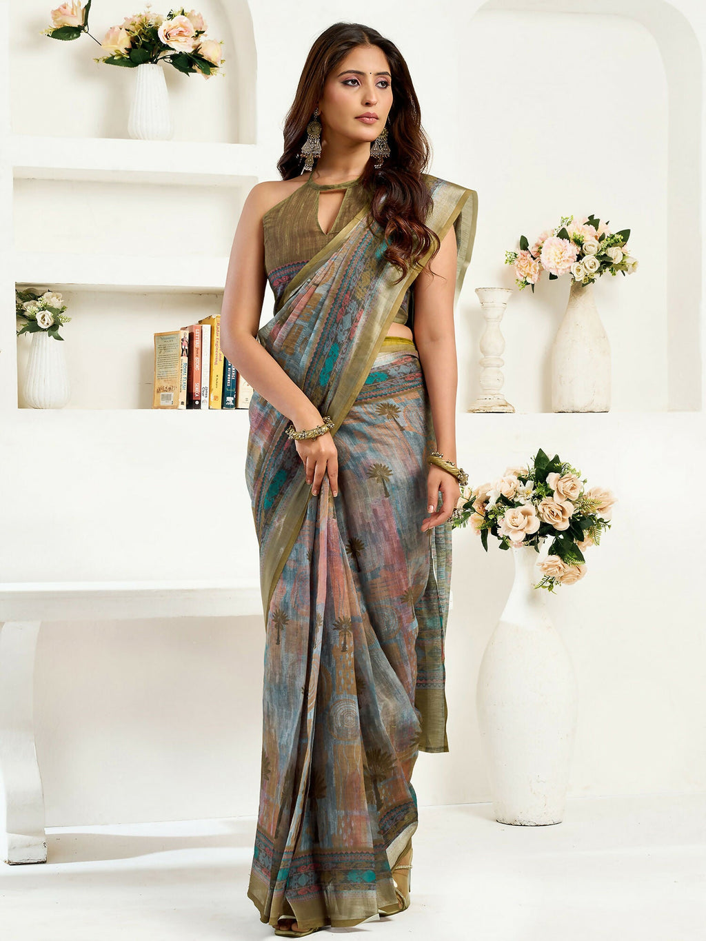 Joban Fashion Dusty Green Floral & Ethnic Motifs Linen Ready To Wear Saree With Unstitched Blouse | Grocsy