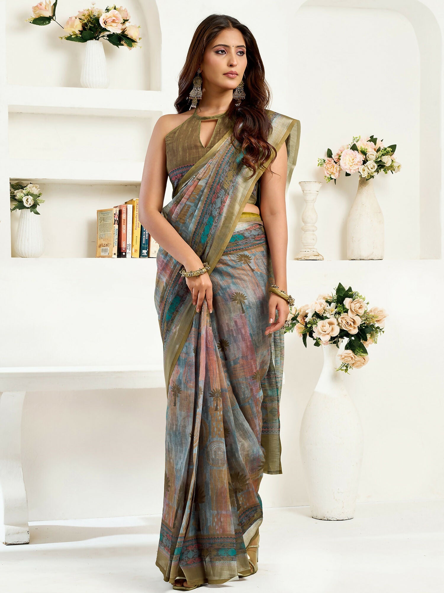 Joban Fashion Dusty Green Floral & Ethnic Motifs Linen Ready To Wear Saree With Unstitched Blouse | Grocsy
