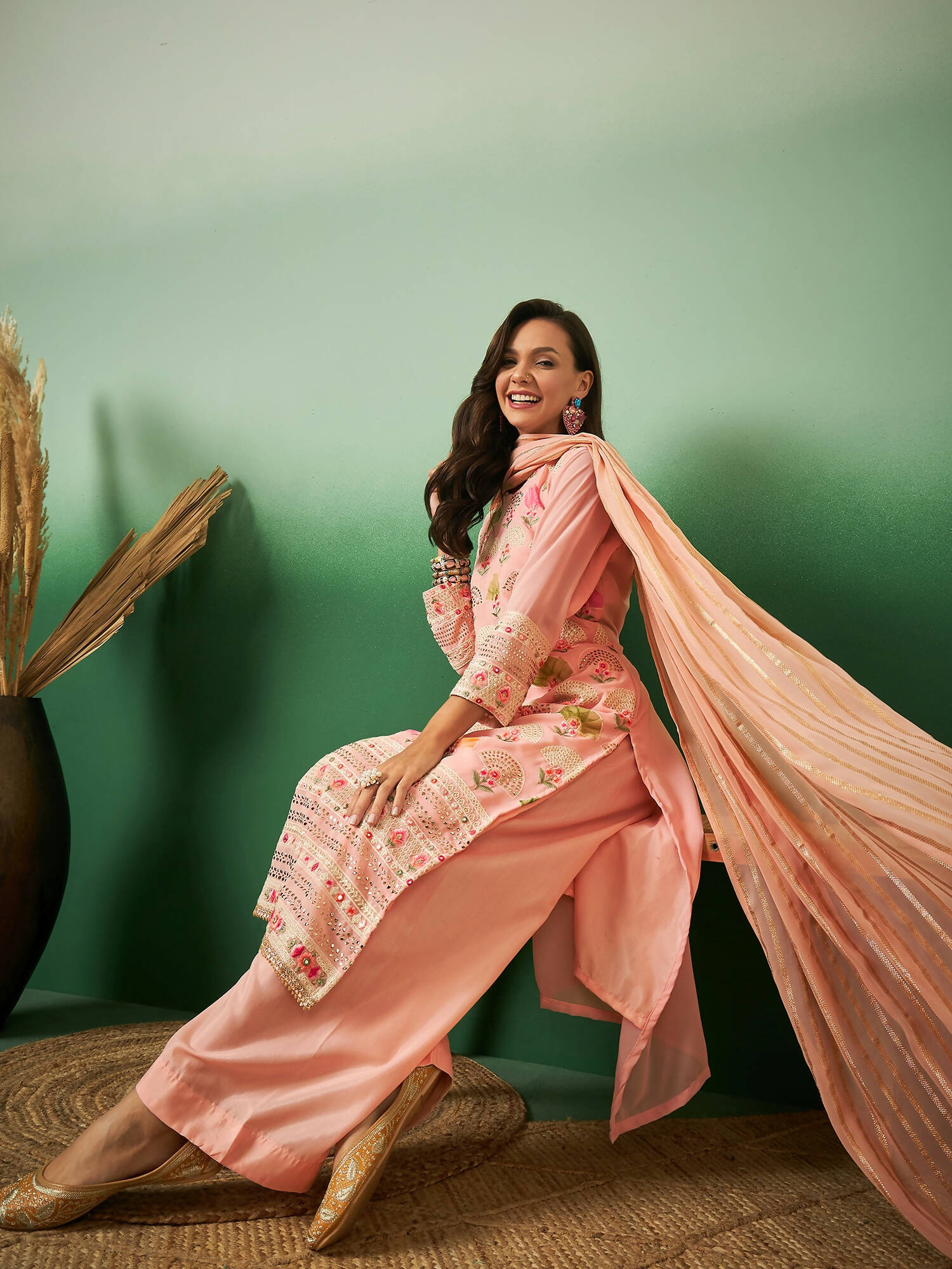Peach Georgette Handwork Unstitched Dress Material - Hanika | Grocsy