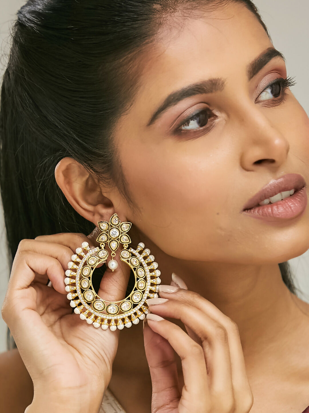Nuyug 22K Gold-Plated Kundan Studded & Pearl Beaded Floral Chandbali Earrings | Grocsy