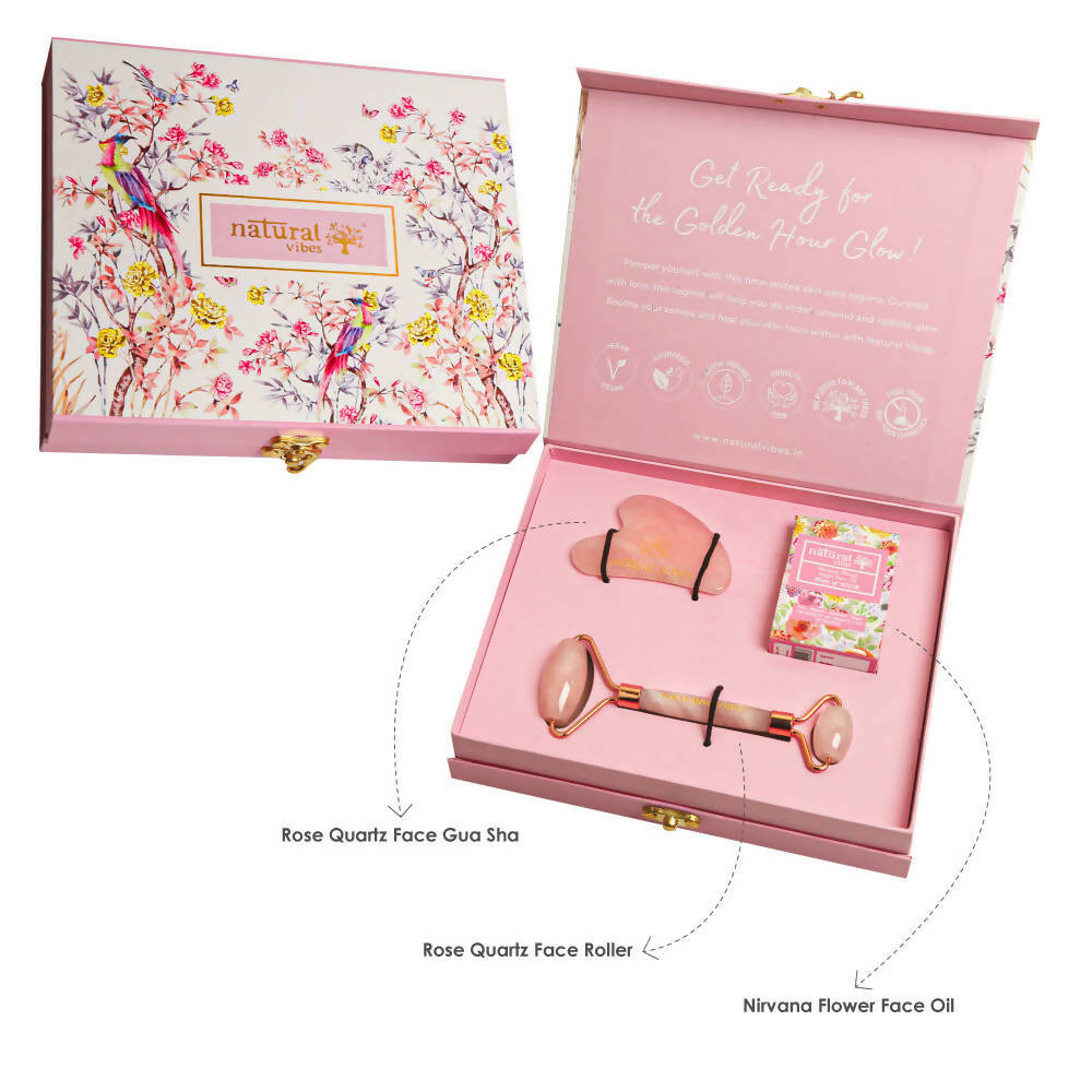 Natural Vibes Glow Getter Gift Set with Rose Quartz Face Roller, Rose Quartz Gua Sha and Nirvana Flower Oil | Grocsy