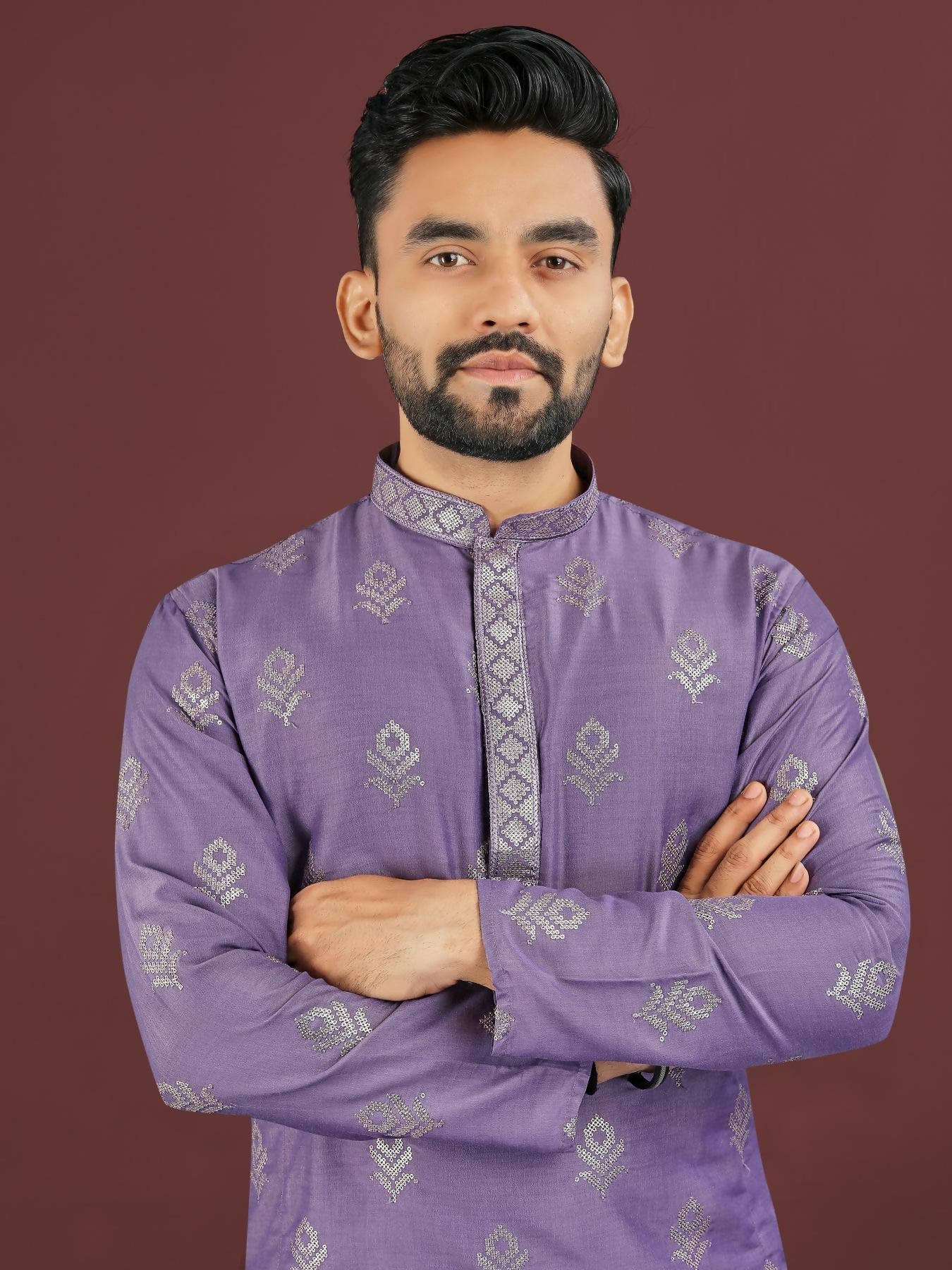 Anaita Purple Embroidered Silk Straight Kurta | Grocsy