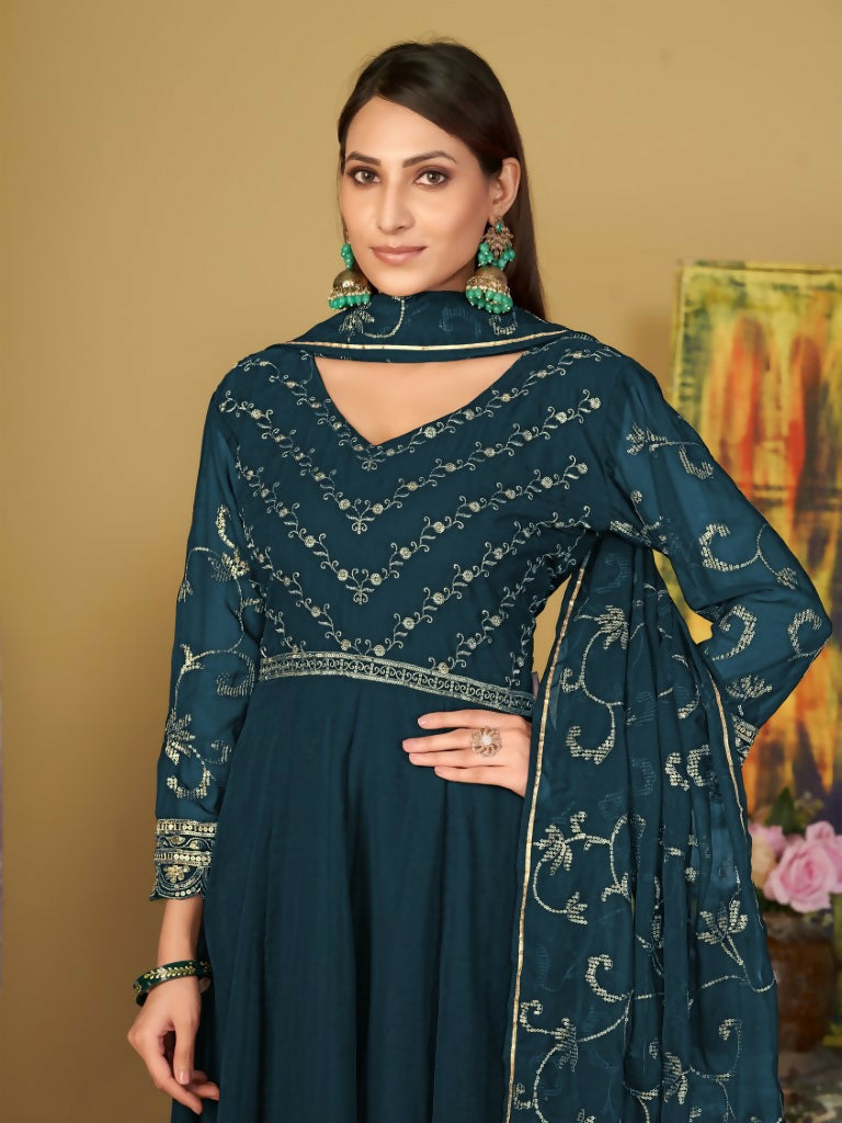Jyoti Fashion Women's Teal Georgette Embroidered Anarkali Kurta Pant Set With Dupatta | Grocsy